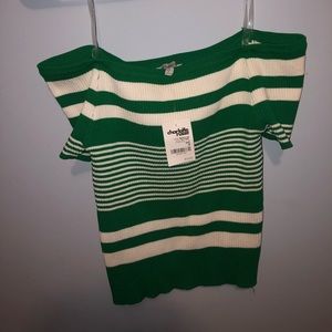 Green & white striped off the shoulder shirt